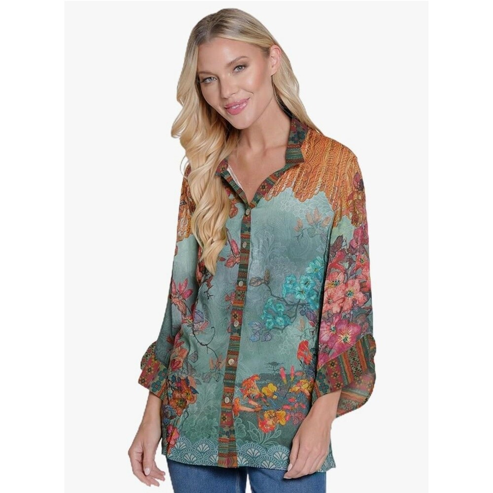 John Mark Mix Print Button Up Ruffled Sleeves Women's Medium Art to Wear Floral